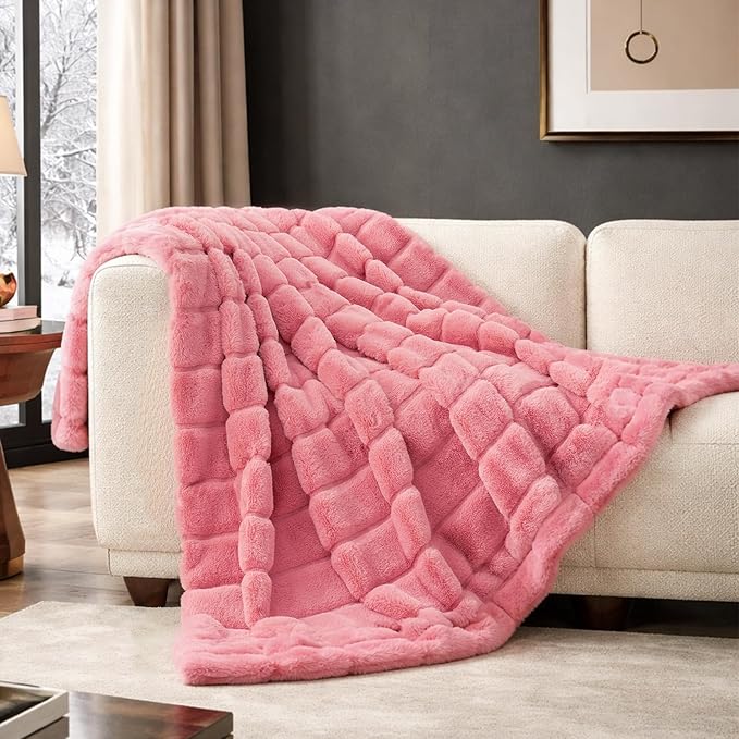 Cozy Bliss Faux Fur Throw Blanket for Couch, Cozy Warm Plush Striped Blanket for Sofa Bedroom Living Room, 50 * 60 Inches Pink
