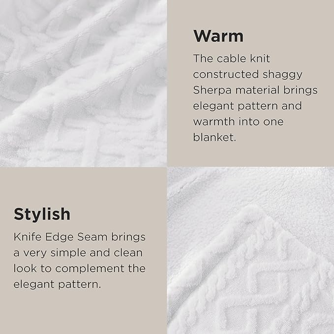 Bedsure Gentlesoft Sherpa Fleece Blanket Twin Size for Bed - Fluffy & Cozy Cable Jacquard Tufted for Women Gift, Thick and Warm Blankets for Winter, White, 60x80 Inches
