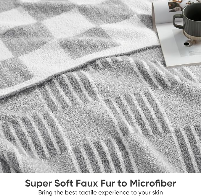 Snuggle Sac Checkered Throw Blanket for Couch,Reversible Soft Cozy Fluffy Blankets for Sofa Bedroom,Cute Lightweight Striped Throws for Women,Heather Light Grey,60x80 inches