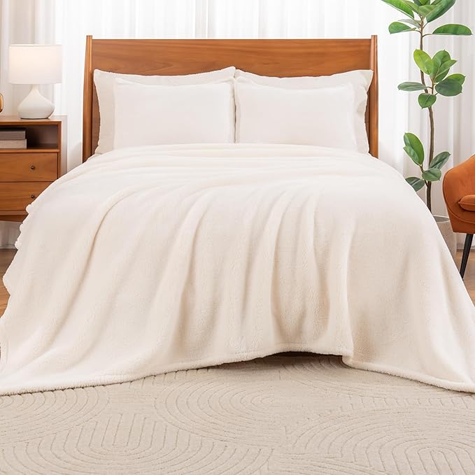 Berkshire Blanket Classic Extra-Fluffy™ Plush Blanket Twin Size, Soft Fuzzy Fluffy Long Hair Blanket for Couch Sofa Bed, Cream, 60x92 Inches