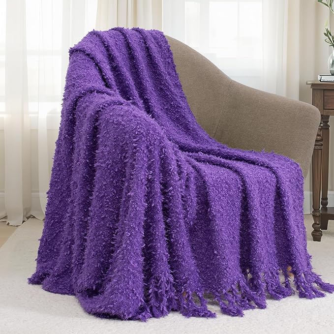 Winter Knit Throw Blanket Fluffy Fuzzy Soft Lightweight Cozy Farmhouse Tassels Chunky Knitted Throws for Couch Sofa Bed (Purple, 50"x60")