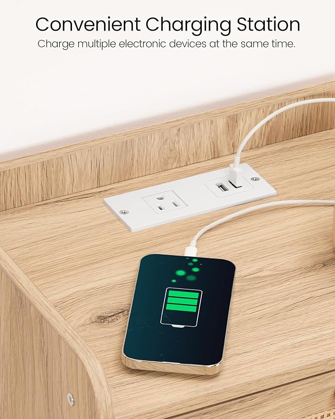 Rattan Nightstands Set of 2 with Charging Station, Boho Nightstand, Rattan Bedside Tables with Drawer, Storage Side Table with 2 USB Ports, Bedroom, Natural MBZ01UP2WO
