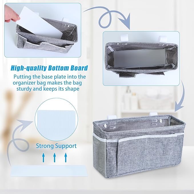 Bedside Caddy Bedside Storage Organizer, 2 Pack Wall Hanging Storage Bag for Bunk bed Hospital Beds Dorm Bed Rails, Holders Books Glasses Phones Magazine(Grey)