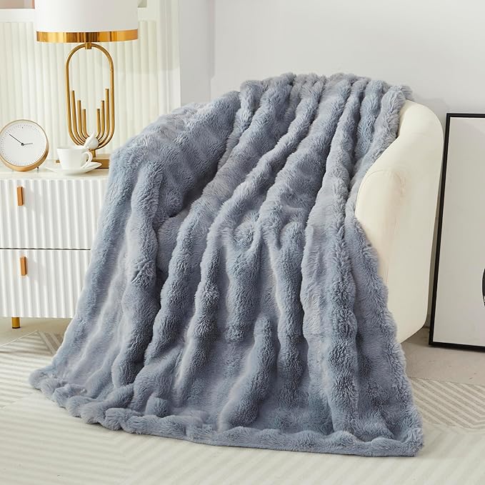 Faux Fur Throw Blanket for Couch Cozy Fuzzy Soft Plush Thick Fluffy Fleece Bubble Blanket for Sofa Bedroom Living Room, 63x79 Inches Light Grey