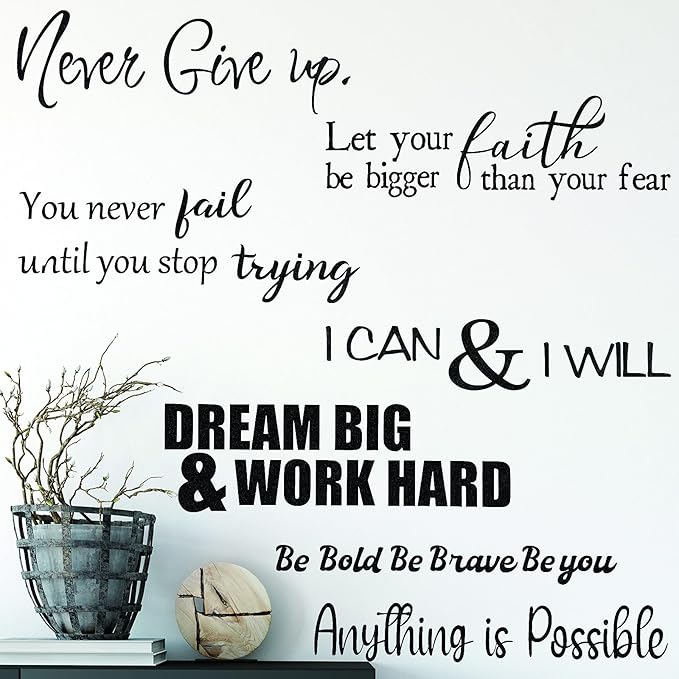 Zonon 5 Sheets Vinyl Wall Decals Peel and Stick Inspirational Quotes Decals Motivational Wall Stickers for Mirror Bedroom Living Room Office Bathroom(Never Give up)