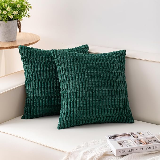 Aegero Pack of 2 Christmas Green Corduroy Decorative Throw Pillow Covers 18x18 InchSoft Boho Striped Pillow Covers Modern Farmhouse Home Decor for Sofa Living Room Couch Bed（Blackish Green）