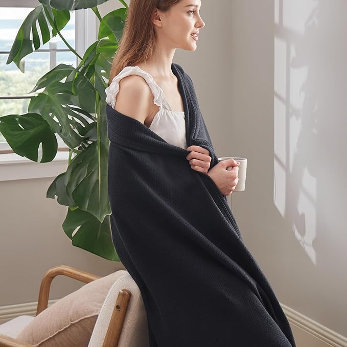 Bedsure GentleSoft 100% Cotton Blanket Twin XL Size for Bed - Breathable and Lightweight, Soft Cozy Textured Herringbone Woven Summer Blanket for College Dorm, Black, 66x90 inches