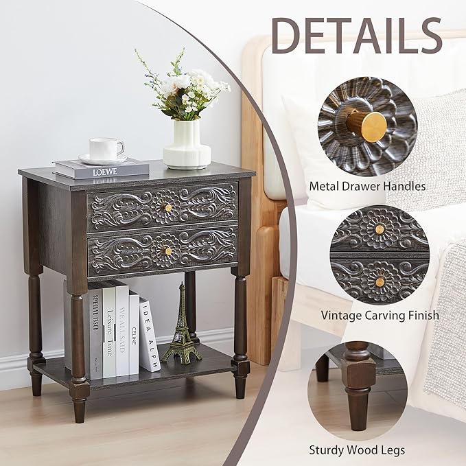 Nightstand, Farmhouse Bedside Table with 2 Drawers and Open Shelf, Wood Sofa Side Table End Table Accent Dresser for Bedroom, Living Room (with Shelf, Black Brown)