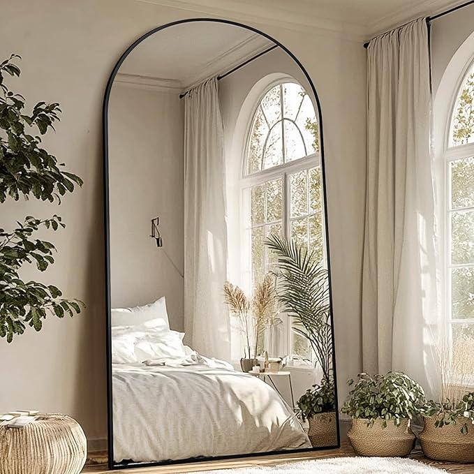 Antok Full Length Mirror, 44"x88" Floor Mirror with Stand, Hanging Mounted Mirrors for Bedroom, Living Room, Cloakroom, Dining Room, Black, Arched