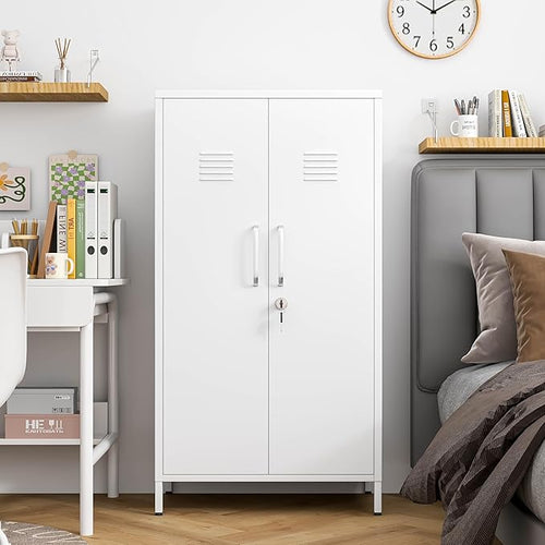 47" Metal Storage Locker, Lockable Employees Metal Locker with 2 Door and Adjustable Shelves, Steel Locker for Home, School, Office, Gym (White)