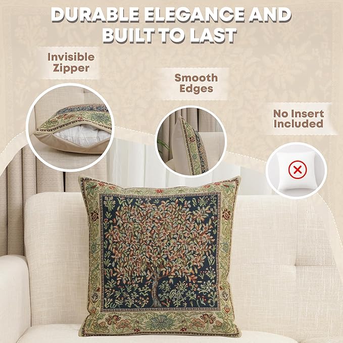 Charlotte Home Furnishings Throw Pillow Covers 16x16 in Green Pastel Decorative Couch Pillow Cover Boho Decor European Tapestry Cushion Cases Living Room Cozy Home Decor Jacquard Woven Soft Cotton