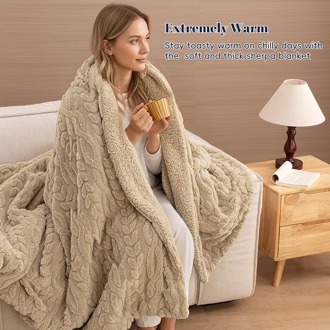 PHF Fluffy Sherpa Blanket King Size for Winter, Warm and Soft, 510GSM 3D Jacquard Thick Shaggy Fleece Plush Blanket for Sofa Bed, Khaki, 108"x90"