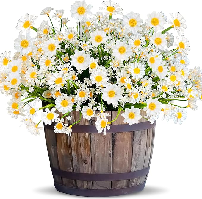 TURNMEON 8 Bundles Artificial Daisy Flowers Outdoor Summer Decor, UV Resistant Fake Flowers Faux Plastic Greenery Shrub Plants for Hanging Gardens Window Porch Box Indoor Spring Cemetery Décor(White)