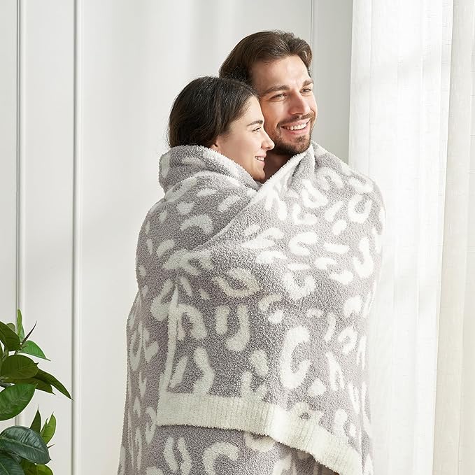 Snuggle Sac Leopard Queen Size Grey Microfiber Fluffy Warm Cozy Fuzzy Soft Blanket Reversible Cheetah Blankets for Bed, Couch, Sofa, 90x90 inches