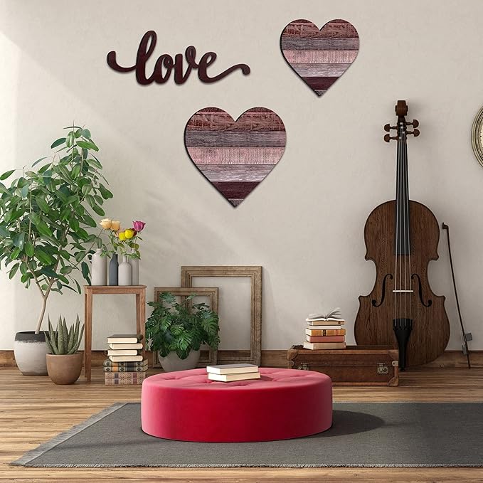 3 Pcs Wooden Hearts Decor Heart Wooden Sign Rustic Hanging Love Plaque for Wall Home Farmhouse Living Room Bedroom Gifts (Grey Purple)