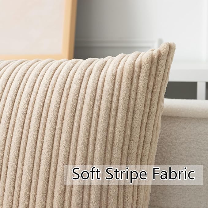 UGASA Velvet 12x20 Inch Lumbar Soft Throw Pillow Covers Decorative Corduroy Striped Both Sides Solid Rectangular Cushion Cases Boho Farmhouse for Couch Bedroom Sofa Home, Pack of 2, Beige