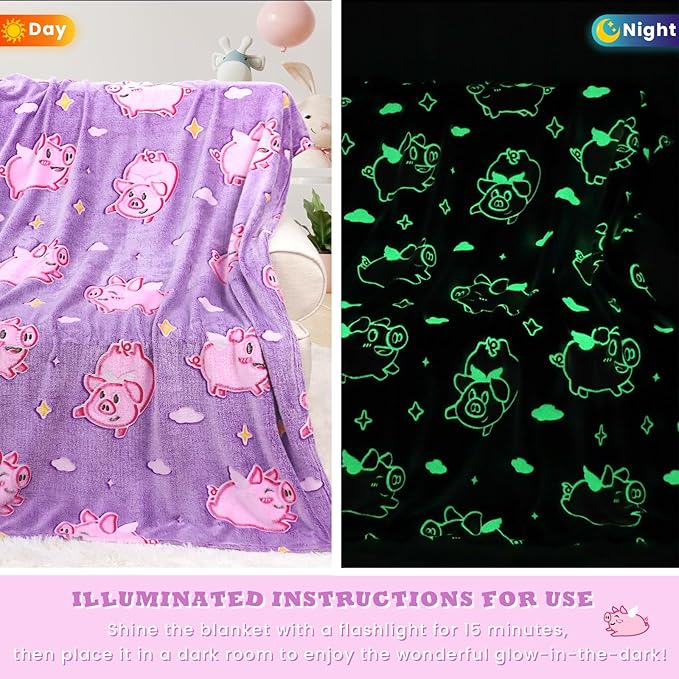 Pig Glow in The Dark Blanket - Soft Fleece Animal Pig Throw Blanket for Girls Age 3-12, Cute Pink Pigs Toys Gifts for Girls, Teens, Birthday, Kids Room Decor 50"x60"