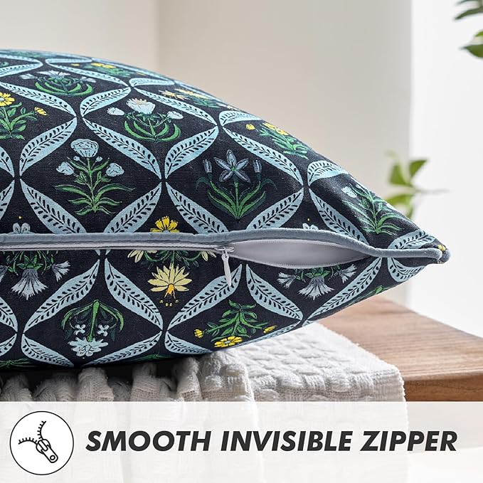 MIULEE Floral Throw Pillow Covers 18x18 Set of 2 Dark Blue Spring Decorative Block Print Cotton Cushion Covers for Couch Living Room, Boho Modern Outdoor Sofa Vintage Garden Pillowcases Home Decor