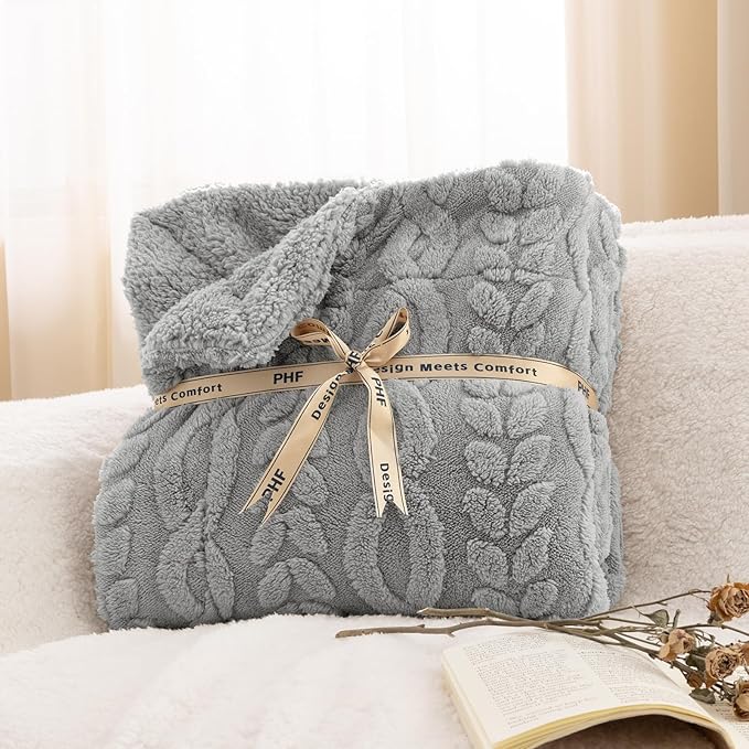 PHF Fluffy Sherpa Blanket King Size for Winter, Warm and Soft, 510GSM 3D Jacquard Thick Shaggy Fleece Plush Blanket for Sofa Bed, Grey, 108"x90"