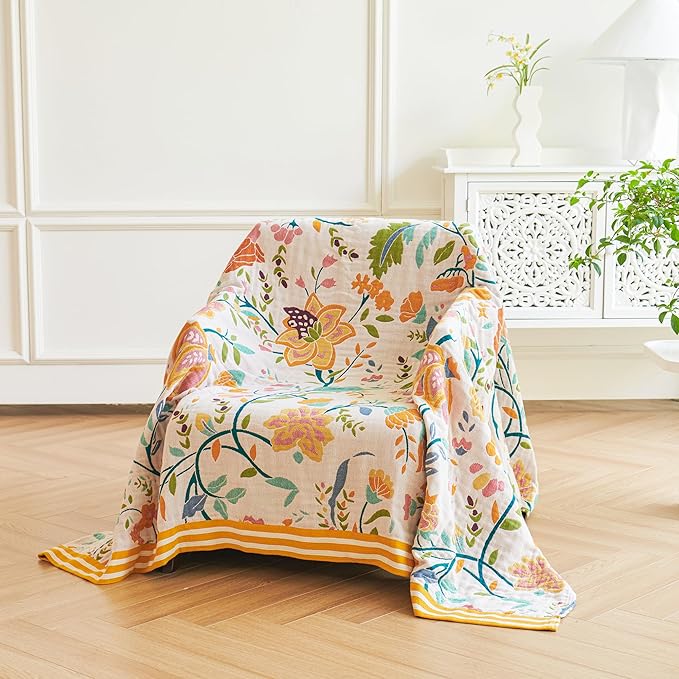 Boho Throw Blanket for Bed, 100% Organic Cotton Breathable Ultra Soft 50" x 60" Quilt Beige Throw - All Season Floral Farmhouse Decor Luxury Reversible Blanket for Sofa Couch Chair and Gift