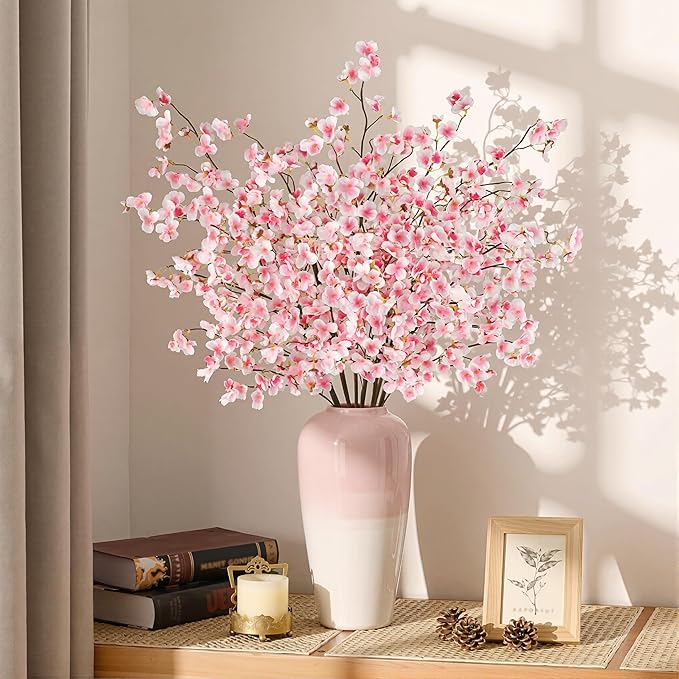 Uieke 24 Pcs Silk Cherry Blossom Branches, 40.5in Artificial Cherry Blossom Flowers Long Stems Fake Flowers Vase Arrangements for Wedding Home Japanese Decor, Pink