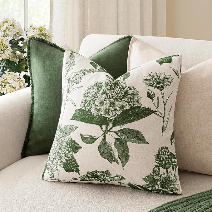 Foindtower Set of 2 Linen Floral Throw Pillow Covers Neutral Vintage Print Decorative Cozy Cushion Covers Farmhouse Boho Home Decor for Sofa Chair Couch Bedroom Living Room,18×18 Inch,Dark Green