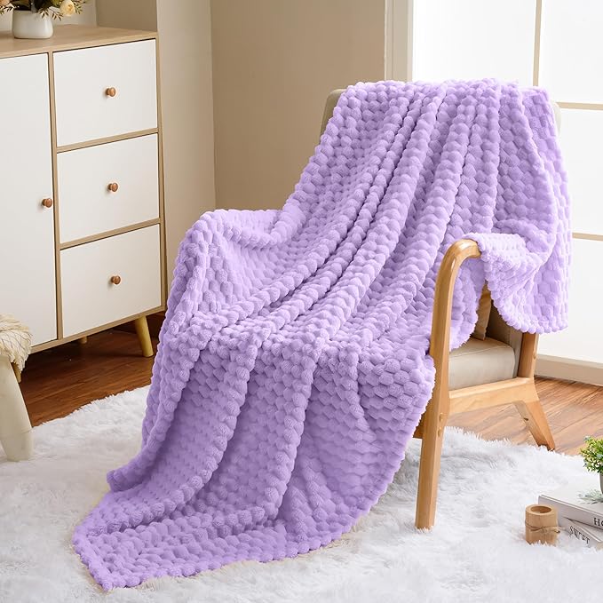 Vessia Flannel Fleece Twin Size Blanket(60x80 inch), 3D Jacquard Light Purple Fuzzy and Warm Blanket for Couch, Sofa, 300GSM Super Soft Touch Cozy Lightweight Bed Decor for All-Season
