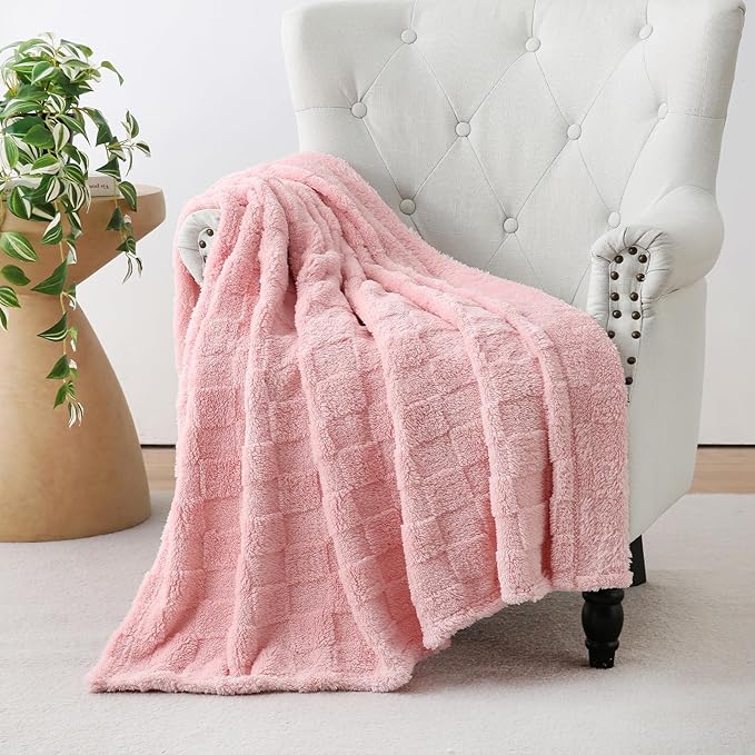 Light Pink Fleece Throw Blanket 50”×60” for Couch Sofa Bed,Super Soft Cozy Plush Microfiber Flannel Blanket with 3D Checkered Design Lightweight for Adults,Woman,Girls