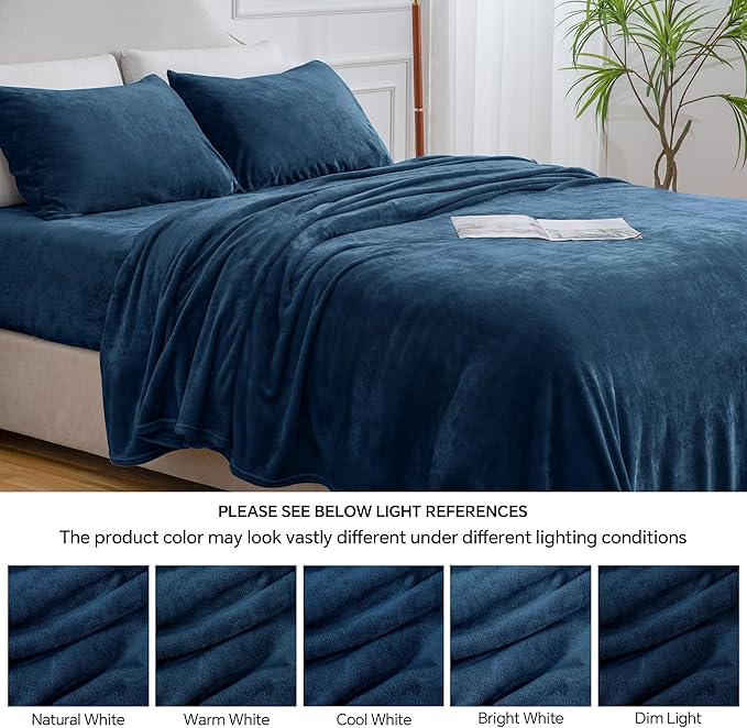 BEDELITE Flannel Sheets King Size Navy - Super Soft Fleece Sheets Set Fluffy Extra Plush, 4 Piece(Include Fitted Sheet, Flat Sheet, 2 Pillowcases)