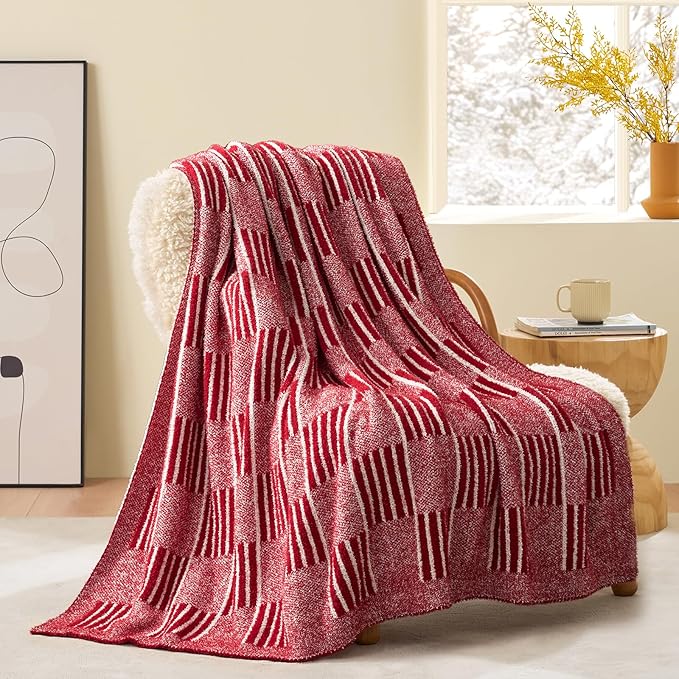 Snuggle Sac Red Checkered Christmas Throw Blanket,Super Soft Reversible Cozy Warm Blanket for Couch Sofa Bedroom,Cute Lightweight Striped Throws for Women,Heather Red,50x60 inches
