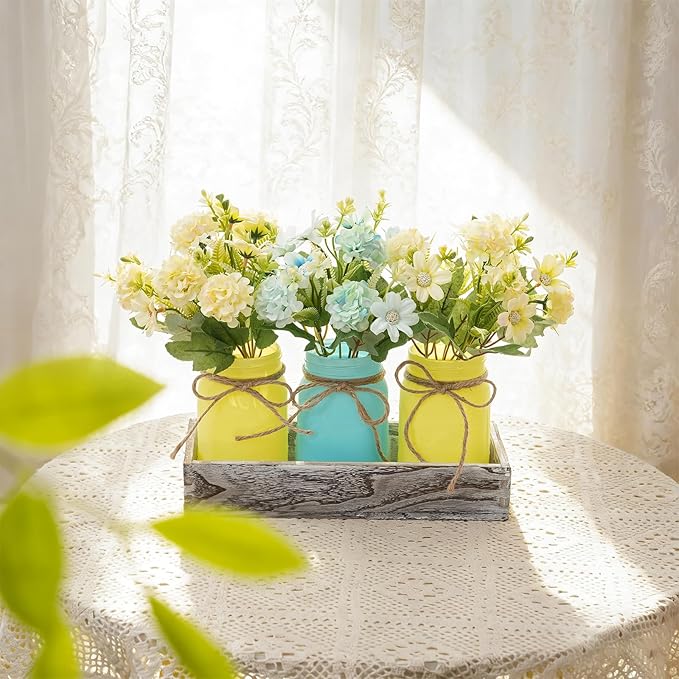 LUEUR Mason Jar Lights Centerpiece with Farmhouse Wood Tray – 3 Jars with Blue & Yellow Hydrangea Flowers, Rustic Spring & Wedding Decoration for Dining Table, Coffee Table, Kitchen & Living Room