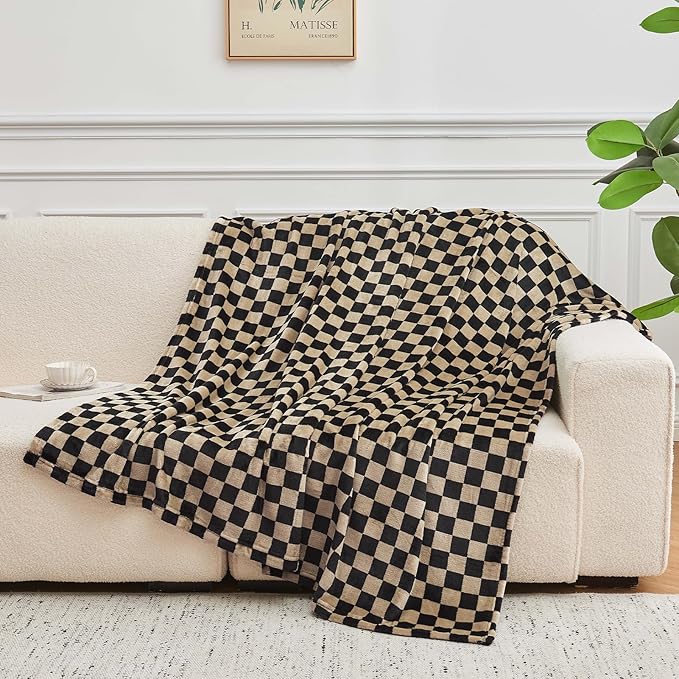 FY FIBER HOUSE Checkered Throw Blanket Flannel Fleece Soft Cozy Checkerboard Grid Print Checker Blankets for Bed Couch Sofa, 50"x60", Black Brown