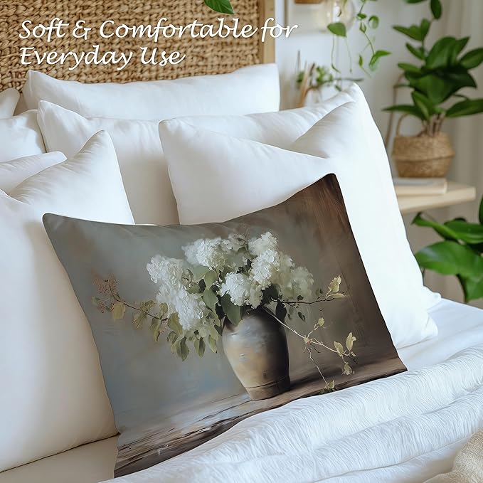 Vintage Moody Hydrangea Floral Lumbar Pillow Cover 12x20 Double-Sided, Cottagecore Room Decor, Farmhouse Spring White Flower Botanical Decorative Throw Pillow Cover for Living Room Home