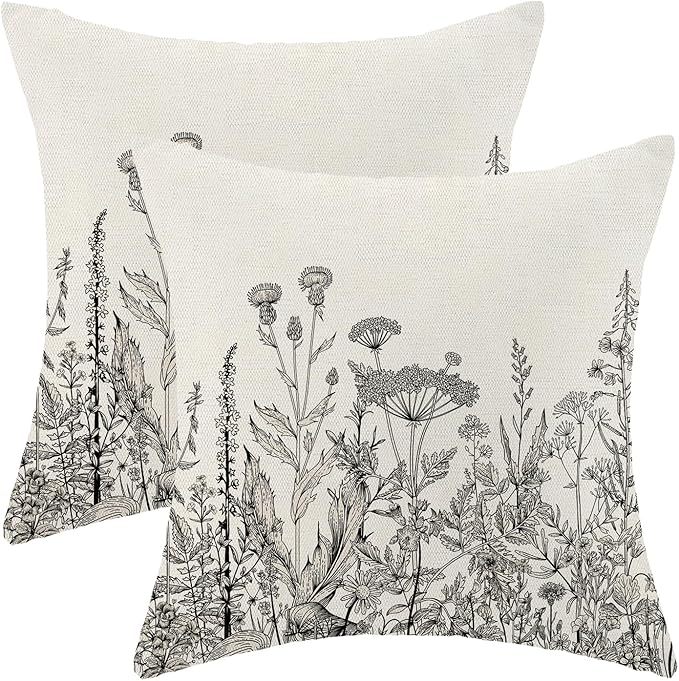 AEIOAE Black White Gray Pillow Covers 20x20 Inch Set of 2, Spring Wildflower Plant Throw Pillows Case,Seasonal Floral Outdoor Decorative Flowers Farmhouse Decor Cushion Covers for Home Sofa Bed Couch