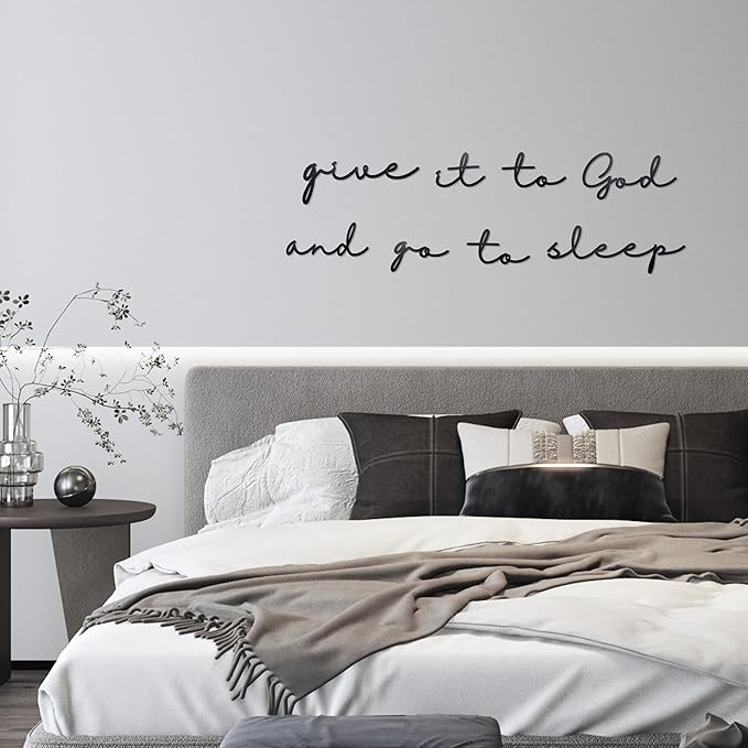 Give it to God Go to Sleep Metal Sign, 29.5 x 9 Inches, Bedroom Wall Art Above Bed, Black Metal Wall Decor