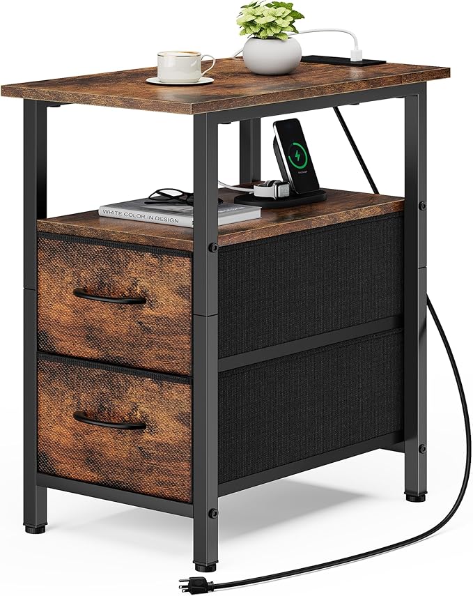 Vagusicc End Table with Charging Station, Narrow Side Table, 23.8'' Tall Nightstand with 2 Fabric Drawers, Small Sofa Side Table Narrow Nightstand for Small Spaces, Bedroom, Bedside, Rustic Brown
