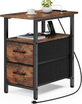 Vagusicc End Table with Charging Station, Narrow Side Table, 23.8'' Tall Nightstand with 2 Fabric Drawers, Small Sofa Side Table Narrow Nightstand for Small Spaces, Bedroom, Bedside, Rustic Brown