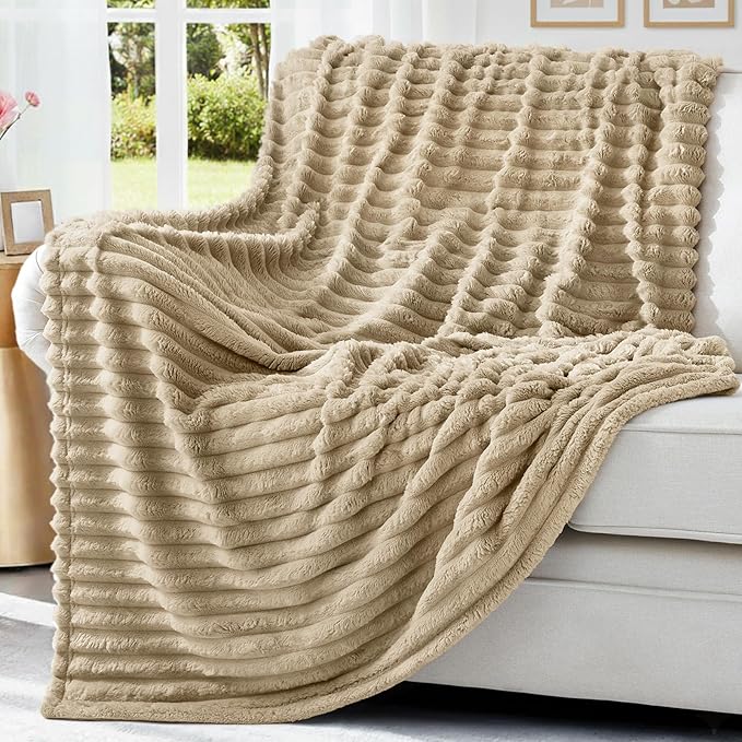 decorUhome Soft Fleece Light Brown Blanket King Size for Bed, Cozy Fluffy Plush Flannel Large Striped Throws for Couch Sofa, Lightweight Decorative Fuzzy Blanket for Woman, 108x90 Inches