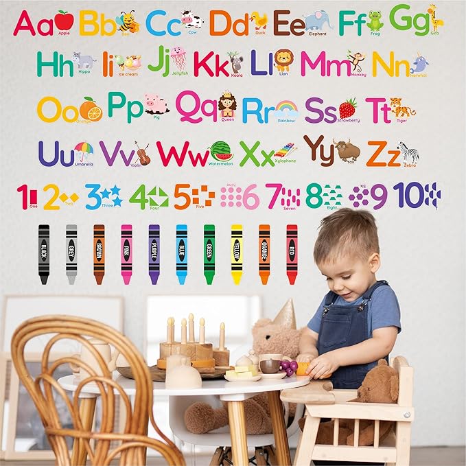 Animal Alphabet Numbers Wall Decals - 6 Sheets 55 Pcs Colorful Educational Wall Decor Peel and Stick Removable Numbers Letters ABC Stickers for Kids Daycare Nursery Playroom Classroom Bedroom
