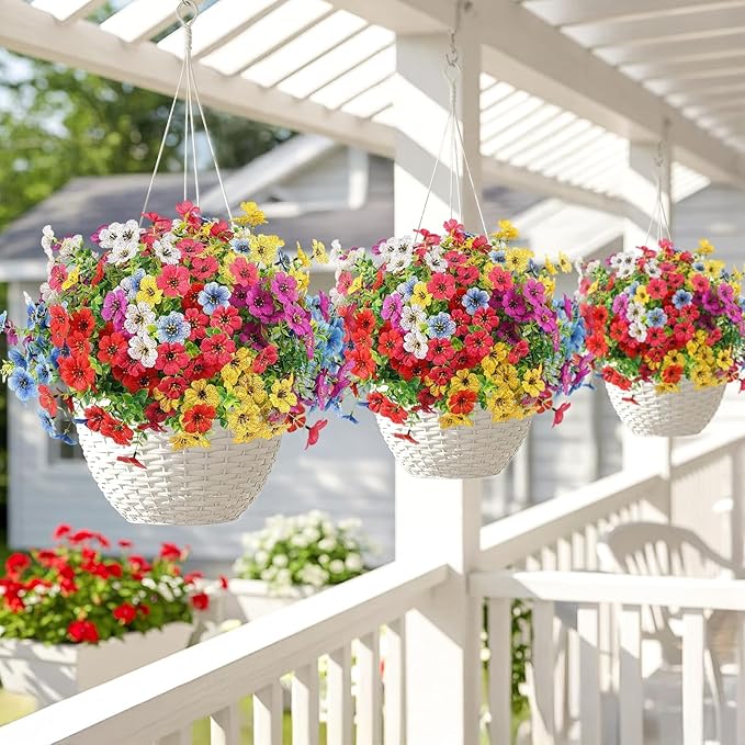 Artificial Flowers Outdoors Spring Faux Flowers UV Resistant Fake Plastic Greenery Plnats Outside Bulk for Garden Hanging Planter Patio Home Decor, 24 Bundles (Multicolor)