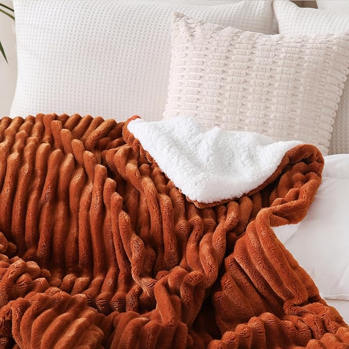 Burnt Orange Sherpa Fleece Throw Blanket 50”×60” for Couch Sofa Bed,Double Side Soft Fuzzy Cozy Plush Thick Flannel Blanket with Striped Design Gift for Mother Woman