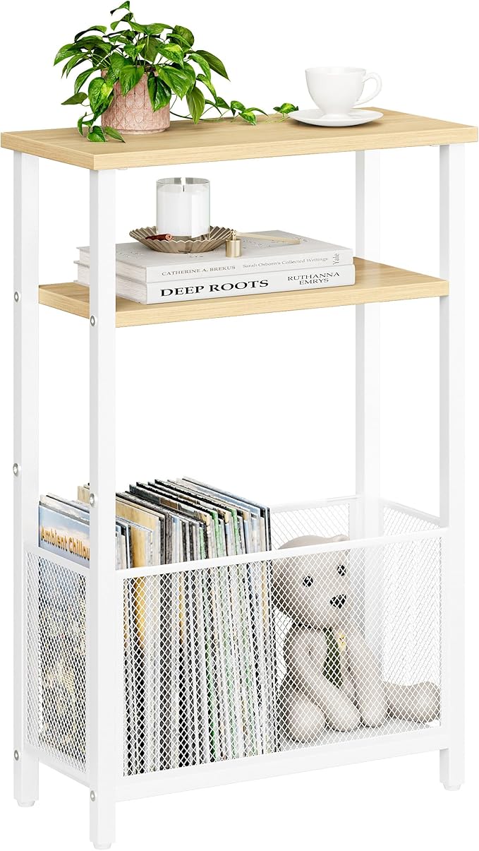 Narrow Side Table with Storage Basket Skinny End Tables for Smalls Spaces 3 Tier Sofa Table Small Nightstand Slim Bedside Table for Living Room Bedroom Natural Wood MLBZ22Y