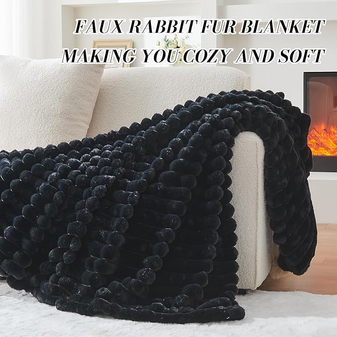 Lotus Karen Faux Fur Throw Blanket - Stripe Faux Rabbit Fur Blanket for Couch, Cozy Soft Fluffy Fuzzy Blanket, Warm Thick Furry Plush Shaggy Small Blankets for Women, Black,50x60 Inches