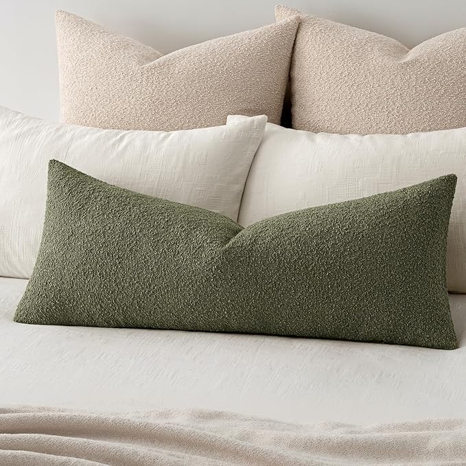 MIULEE Textured Boucle Throw Pillow Cover Olive Green Accent Solid Lumbar Pillow Case Spring Decorative Soft Pack of 1 Couch Cushion Chair Sofa Bedroom Livingroom Home Decor,36x14 Inch