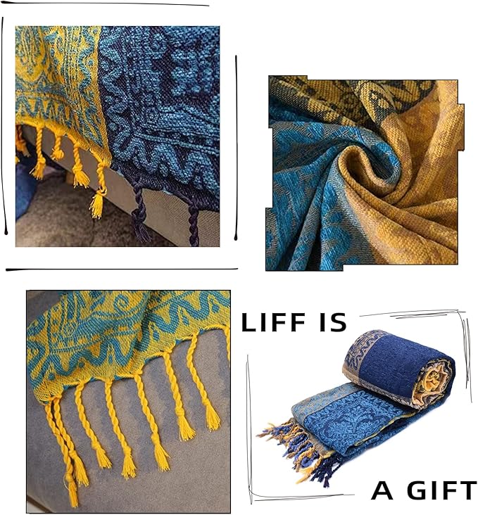 Bohemian Throw Blanket for Couch，Colorful Chenille Tassels Boho Woven Hippie Throw Blankets for Couch Bed Sofa Chair Recliner Loveseat , Bohemian Fringe Tassels Decor Home (Blue, Large 86102Inches)