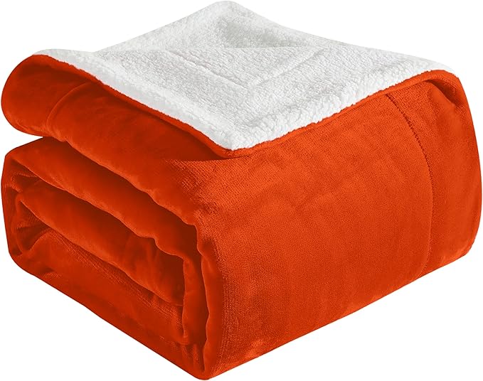 Elegant Comfort Ultra Soft Reversible Flannel Sherpa Blanket - Cozy Silky Fleece Throw for Couch, Bed - Plush Fuzzy Warm Winter Blanket for Gift, King, Orange