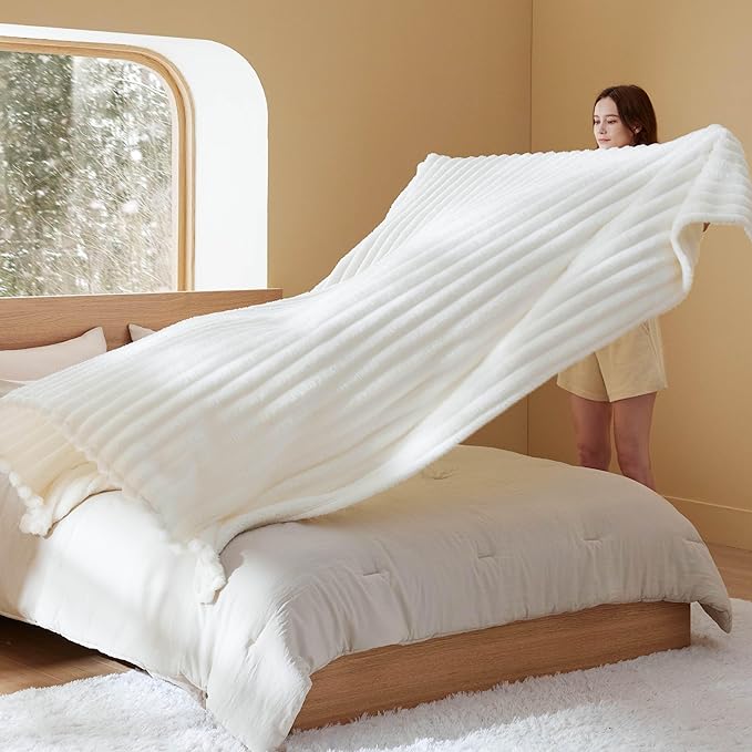 Bedsure Blankets Queen Size for Bed - 350GSM Super GentleSoft Fuzzy Fluffy Cozy Blankets for Women, Cute Large Plush Fleece Throws for Girls, White，90x90 Inches, Wider Striped Design
