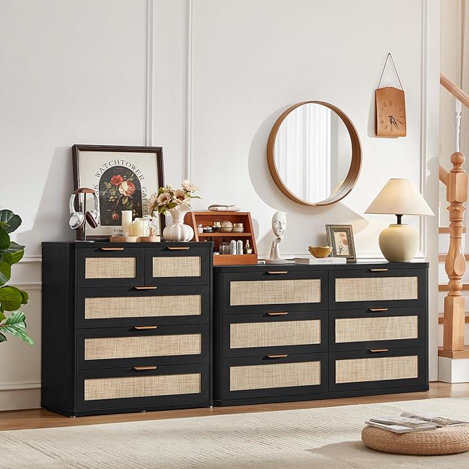LEYAOYAO Rattan Dresser for Bedroom Set of 2, 33.5" Tall Chest of Drawers, Modern 5 Drawers Boho Dressers with Storage, Light Oak Dresser Wooden Closet Organizer for Living Room, Hallway, Black