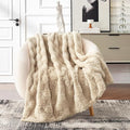 Cozy Bliss Faux Fur Textured Throw Blanket for Couch Super Soft Fuzzy Checkered Bed Blanket Gift for Women Premium 3D Geom Jacquard All Season Use Khaki Beige 50"*60"