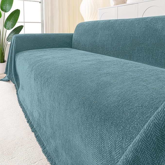 Smiry Couch Cover for Dogs, Washable Chenille Sofa Covers for 3 Cushion Couch, Soft Sofa Slipcover for Pets, Thick Sectional Furniture Protector with Tassels (Blue, 71x91 Inch)
